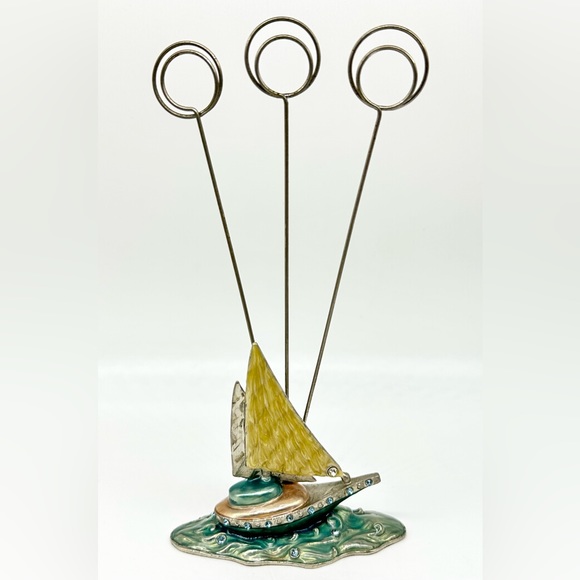 Jeweled Enamel Photo Holder Pair Sailing Ship Nautical Ocean Whimsical - Picture 1 of 6